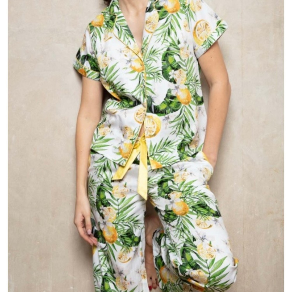 Cottonreal Leaf & Lemon Print Short Sleeve Pajama Set size S